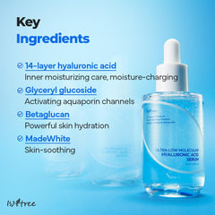 ISNTREE Ultra-low Molecular Hyaluronic acid Serum 50ml 1.69 fl.oz. | Quick absorbing Hyaluronic acid serum | Deeply hydrates and smoothens the skin