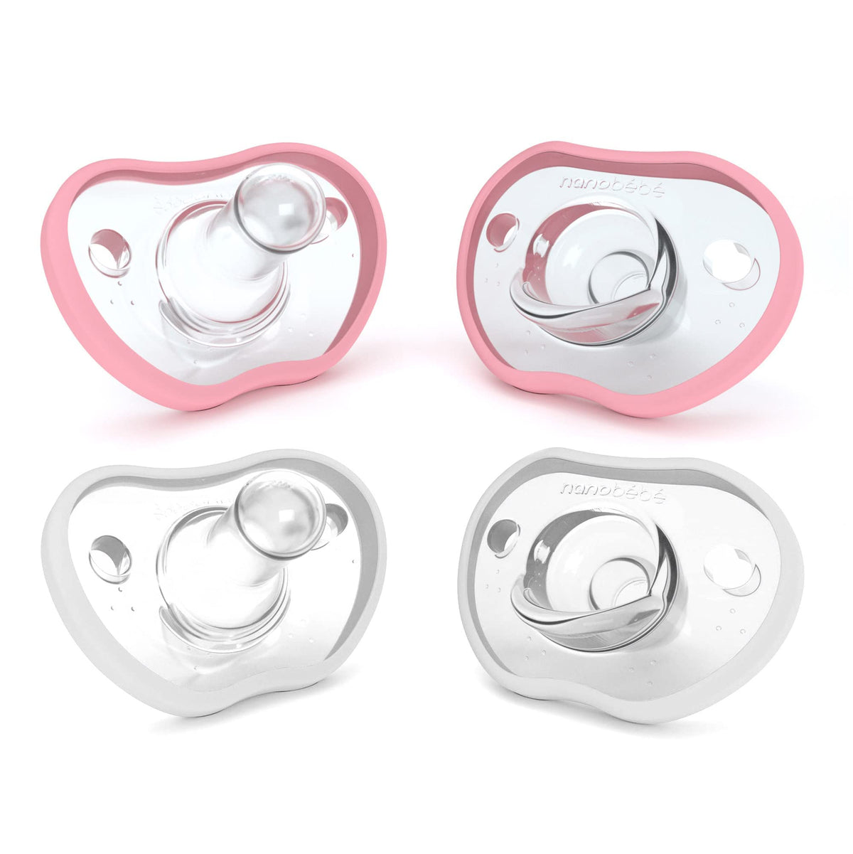 Nanobebe baby pacifiers 3-6 month - orthodontic, curves comfortably with face contour, award winning for breastfeeding babies, 100% silicone - bpa free. baby registry gift 4pk, pink/white