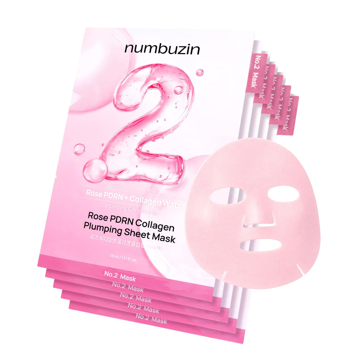 numbuzin No.2 Sheet Mask | Rose PDRN Collagen Plumping Sheet Mask | Korean Mask for face | Brightening, Hydrating, Firming and Moisturizing | Collagen, Peptides, PDRN | 5ea