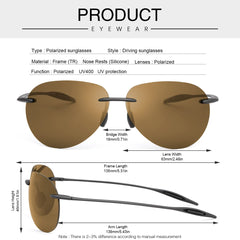 Polarized Sunglasses for Men Women Rimless Frame Driving Glasses UV400 Protection Mirror Lens Shades Sport Eyewear Eyeglasses