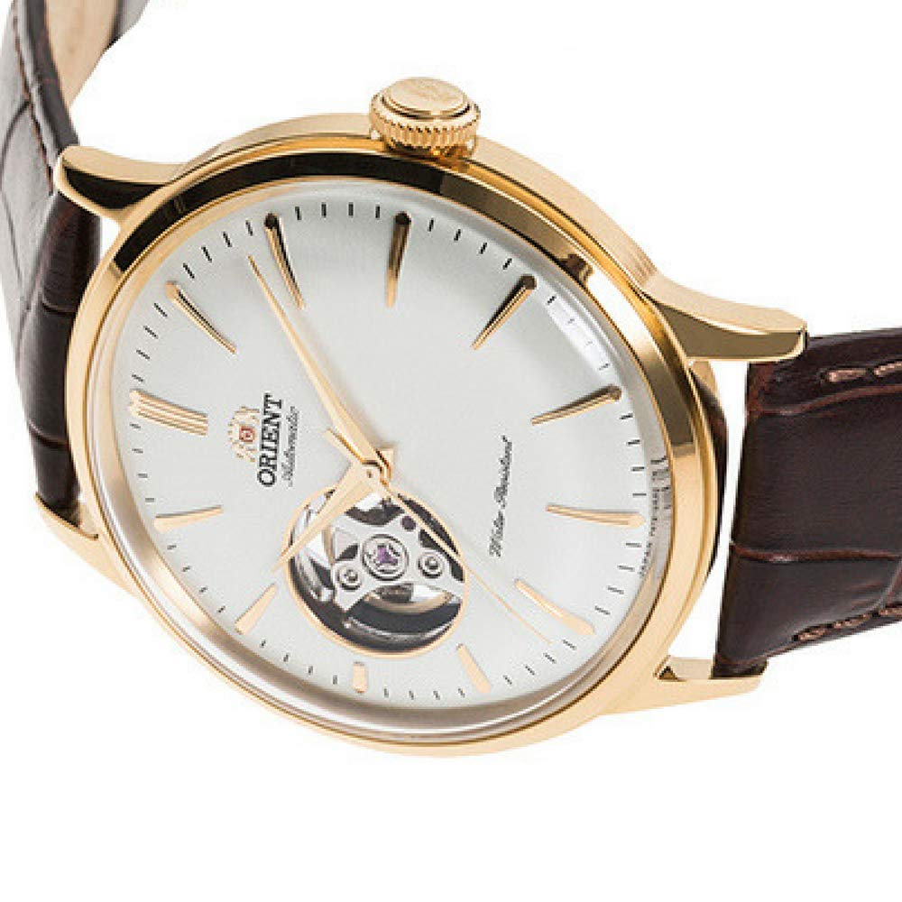 Orient 'Bambino Open Heart' Japanese Automatic Stainless Steel and Leather Dress Watch