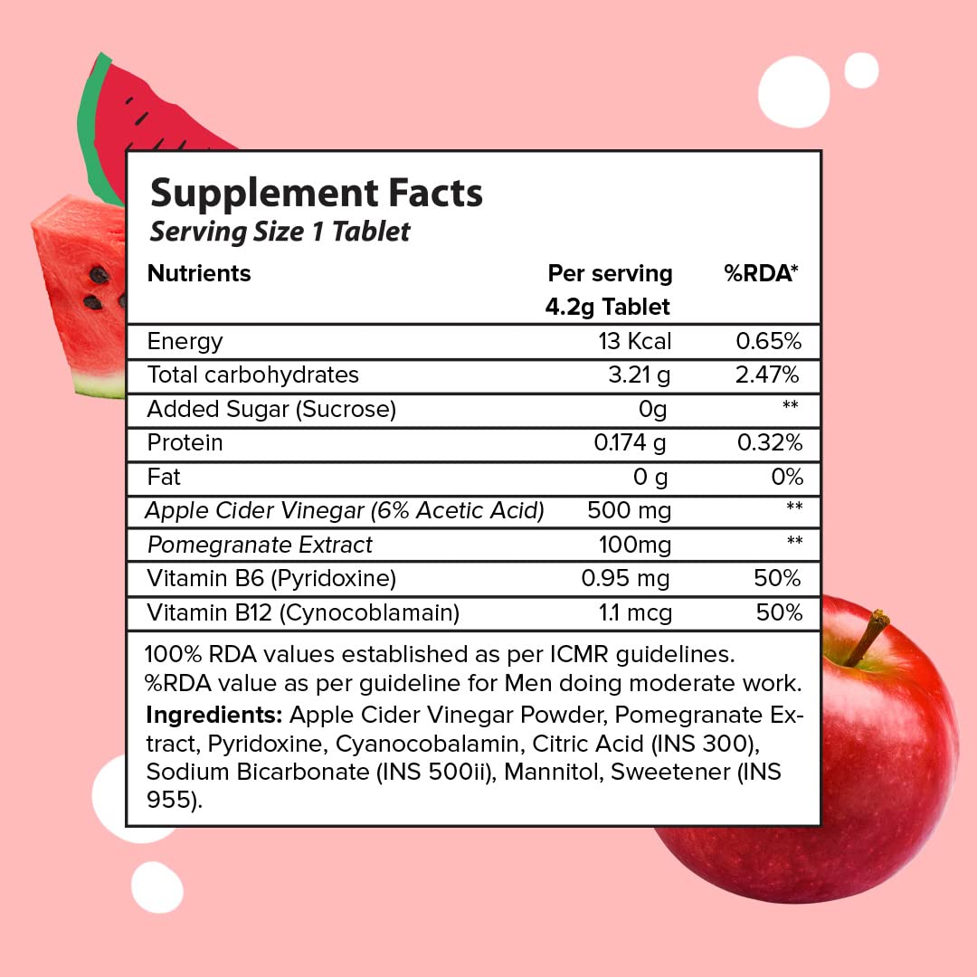 PLIX - THE PLANT FIX Apple Cider Vinegar with Mother | Vitamin B6 & B12 | Watermelon Flavour | 15 Effervescent Tablets, Pack of 1