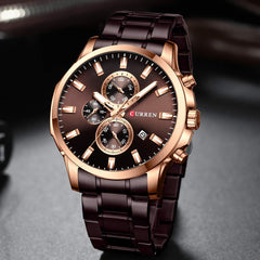 CURREN New Watch Men Fashion Sport Watch Stainless Steel Band Quartz Wristwatch Military Chronograph Clock Male Waterproof 8348, rose gold brown, Chronograph,Quartz Movement