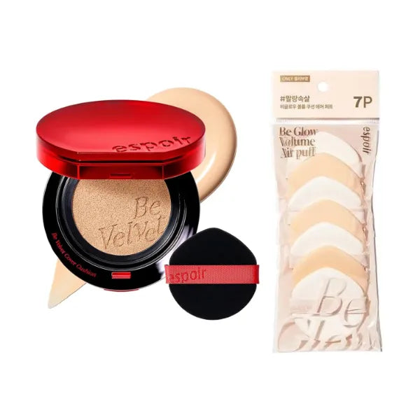 Espoir Be Velvet Cushion Foundation #21 Ivory and Be Glow Air Puff 7pc | Quick and Easy Coverage with Long-lasting Color, Velvety Smooth Finish & Lightweight Formula, Korean Makeup