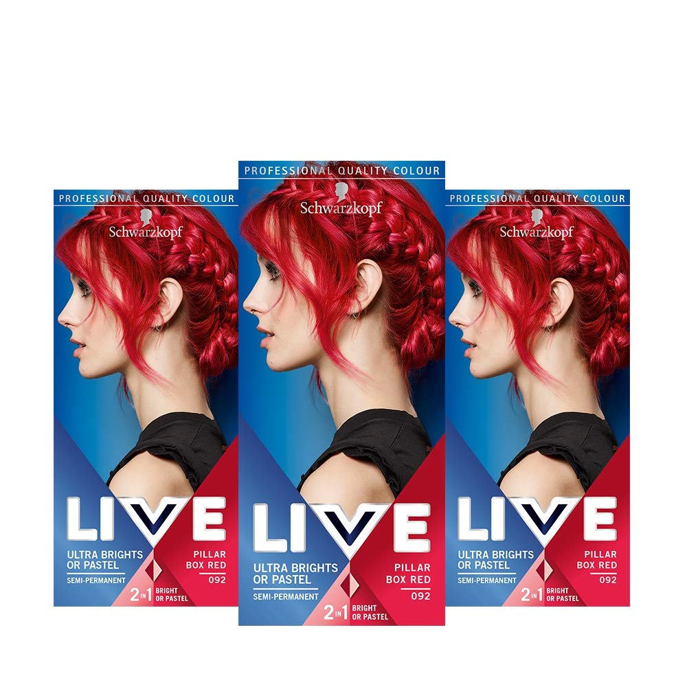 Schwarzkopf Life Ultra Bright or Pastel Red Hair Dye, 3 Pack, Semi-Permanent Color Lasts Up to 15 Washes - 092 Pilar Box Red