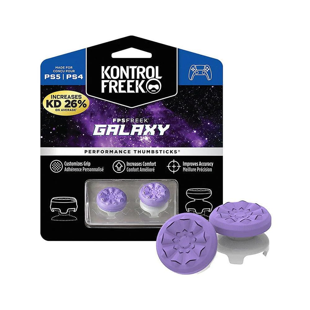 FPS Freek Galaxy Purple for PlayStation 4 (PS4) and PlayStation 5 (PS5), Performance Thumbsticks, 3D Texture Thumb Grip Stick Joystick Thumbstick, Thumbstick Extender for PS5 (1 High-Rise, 1 Mid-Rise)