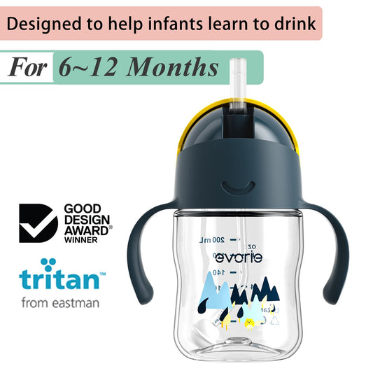 Evorie Tritan Weighted Straw Sippy Cup with Handles for Baby and Toddlers 6 months up, 7 Oz Soft Silicone Straw Infant First Training Water Bottle (Bumble bee)