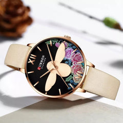 CURREN Ladies Analog Watch Stainless Steel Rose Gold Case Bee & Floral Design Dial Beige Leather Strap