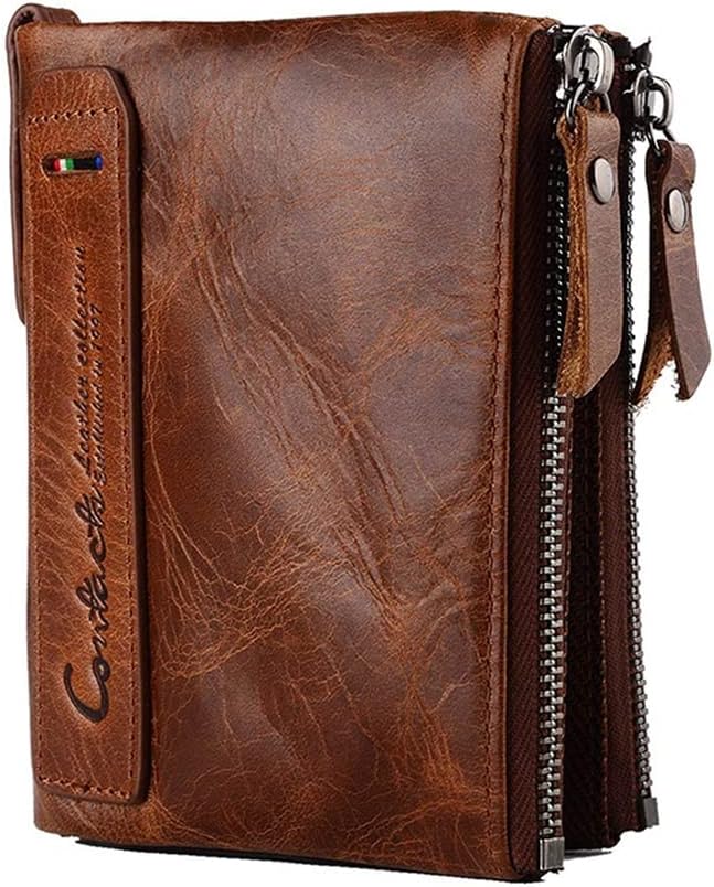 SLGOL Leather Wallet for Men, Bifold Wallet with Zipper Large Capacity Mens Wallet Vintage Wallet for Father Husband Son Gifts (Coffee)
