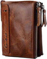 SLGOL Leather Wallet for Men, Bifold Wallet with Zipper Large Capacity Mens Wallet Vintage Wallet for Father Husband Son Gifts (Coffee)