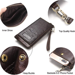 Hiram Wristlet Bag Genuine Leather RFID Cellphone Wallet Men's Clutch Wallets Men Credit Card Holder Male Long Purse Zipper (Coffee)