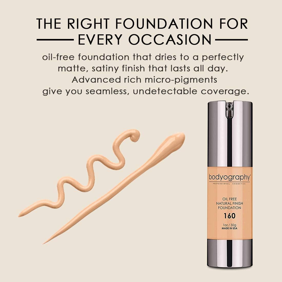 Bodyography Natural Finish Foundation Makeup (Medium #160) Oil-Free Anti-Aging Salon Natural Finish with Vitamin E, C, Antioxidants| Photo Control Technology | Vegan, Gluten-Free, Paraben-Free, 1 oz