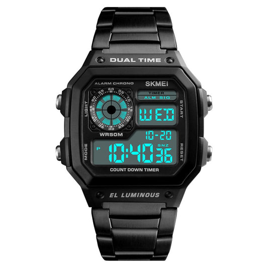 SKMEI Sport Stainless Steel 5ATM Water-resistant Digital Backlight Man Wristwatch Male Relogio Musculino Chronograph - Black