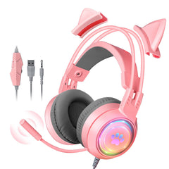 MAKINGTEC Bluetooth Wireless Headphones, Over Ear Headphones, Cat Ear Kids Gaming Headset with Microphone for Laptop/PC /PS4 /PS5 /Xbox/Nintendo Switch, RGB Light Up 3.5mm Wired USB Headset (Pink)