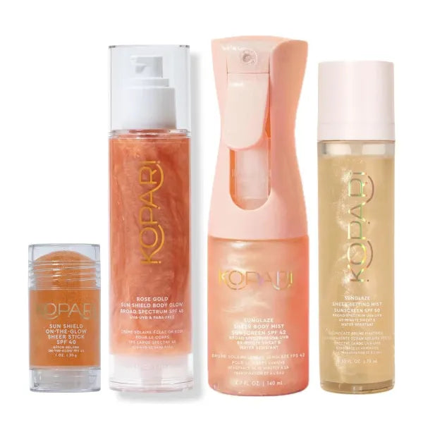 Kopari Summer Shield SPF Vault - Includes Rose Gold Sun Shield Body Glow SPF 45, Rose Gold Sunglaze Sheer Body Mist SPF 42, Sunglaze Sheer Setting Mist SPF 50, Sun Shield On-The-Glow Sheer Stick SPF 4