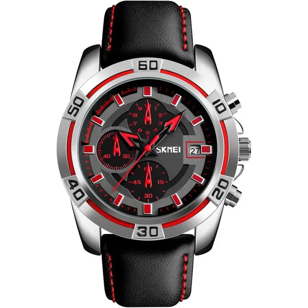 Skmei Sports Men Watch, For Men,30 Meters Waterproof Soft Black Leather Strap Military Watch (red)