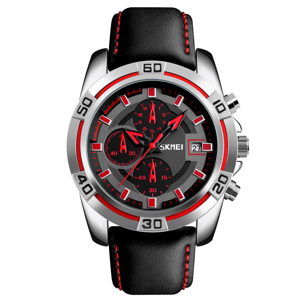 Skmei Sports Mens Watches, Chronograph And Date Wristwatches For Men,30 Meters Waterproof Soft Black Leather Strap Military Watch - Red/Black