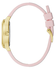 GUESS Ladies Trend Crystal 36mm Watch – Gold-Tone Stainless Steel Case Champagne Dial & Pink Silicone Strap