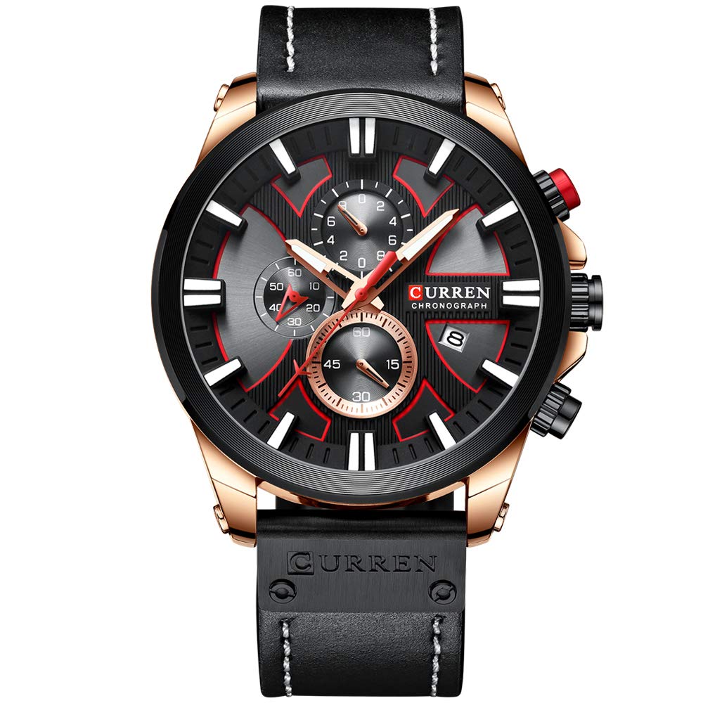 CURREN Mens Water Resistant Sport Chronograph Watches Military Multifunction Leather Quartz Wrist Watches - rose gold black