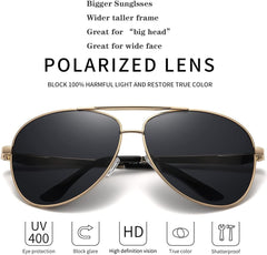RCXKOOM Big XL Wide Frame Extra Large Polarized Aviator Sunglasses for Big Heads Men Oversized Military Pilot Glasses