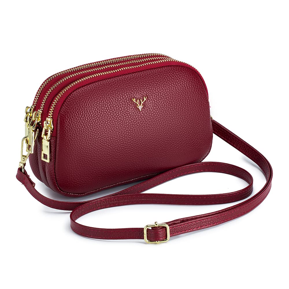 Small Crossbody Bags Genuine Leather Shoulder Handbags Trendy Design Cellphone Purses for Women and Girls - Wine Red