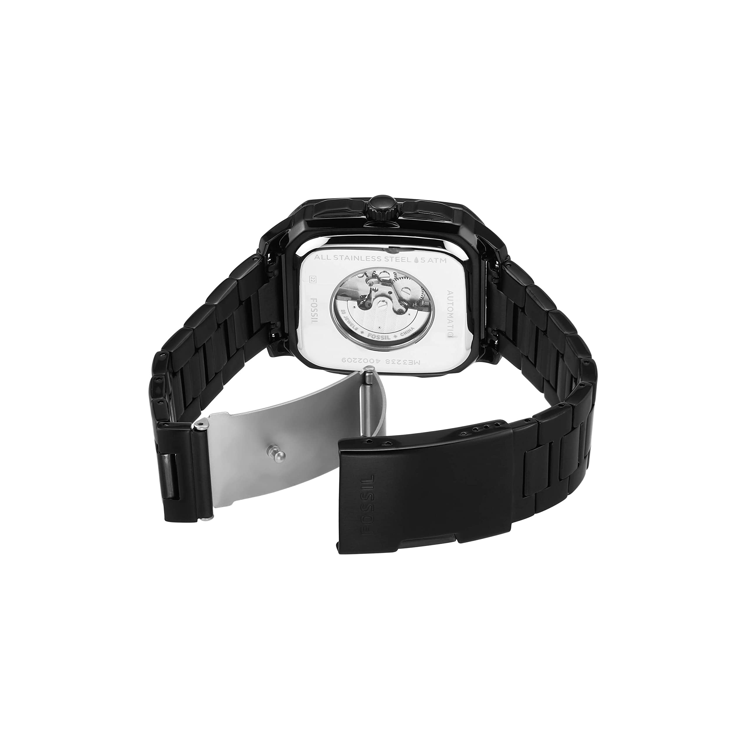 Fossil Inscription Men's Watch with Square Case and Stainless Steel, Silicone or Leather Band Black Auto