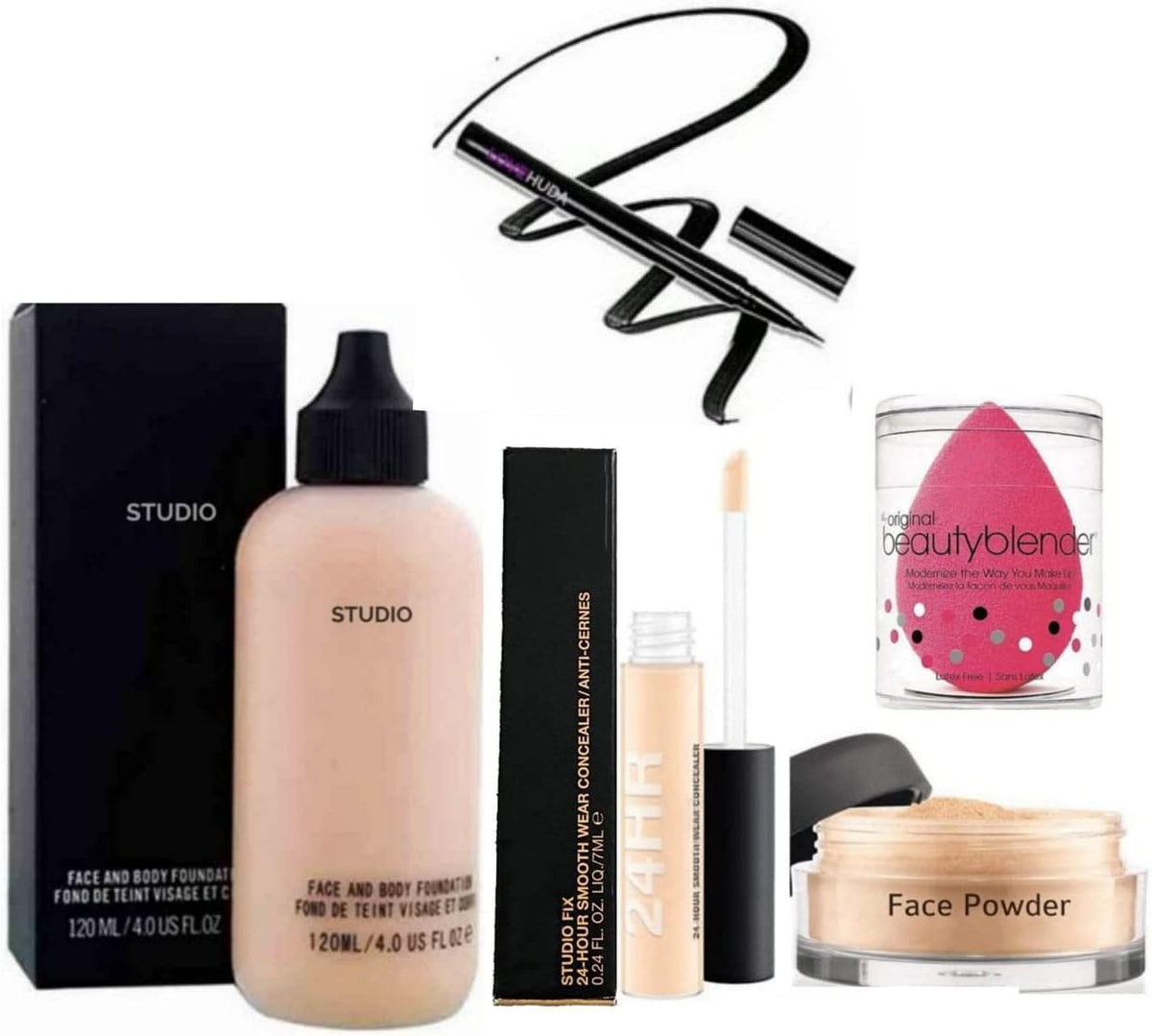 Glomic professional waterproof foundation, concealer, face powder, sketch eyeliner and blender. combo (set of 5)