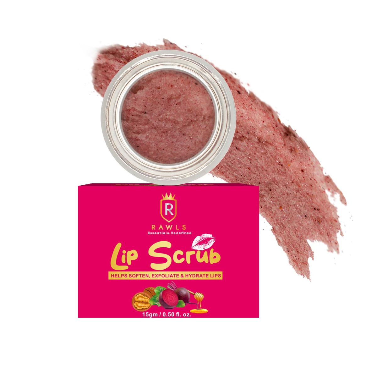 RAWLS Lip Scrub & Moisturizer for Dark, Chapped Lips – Exfoliates & Heals with Beetroot, Vitamin C, Honey & Walnut – 15g, Natural & Chemical-Free