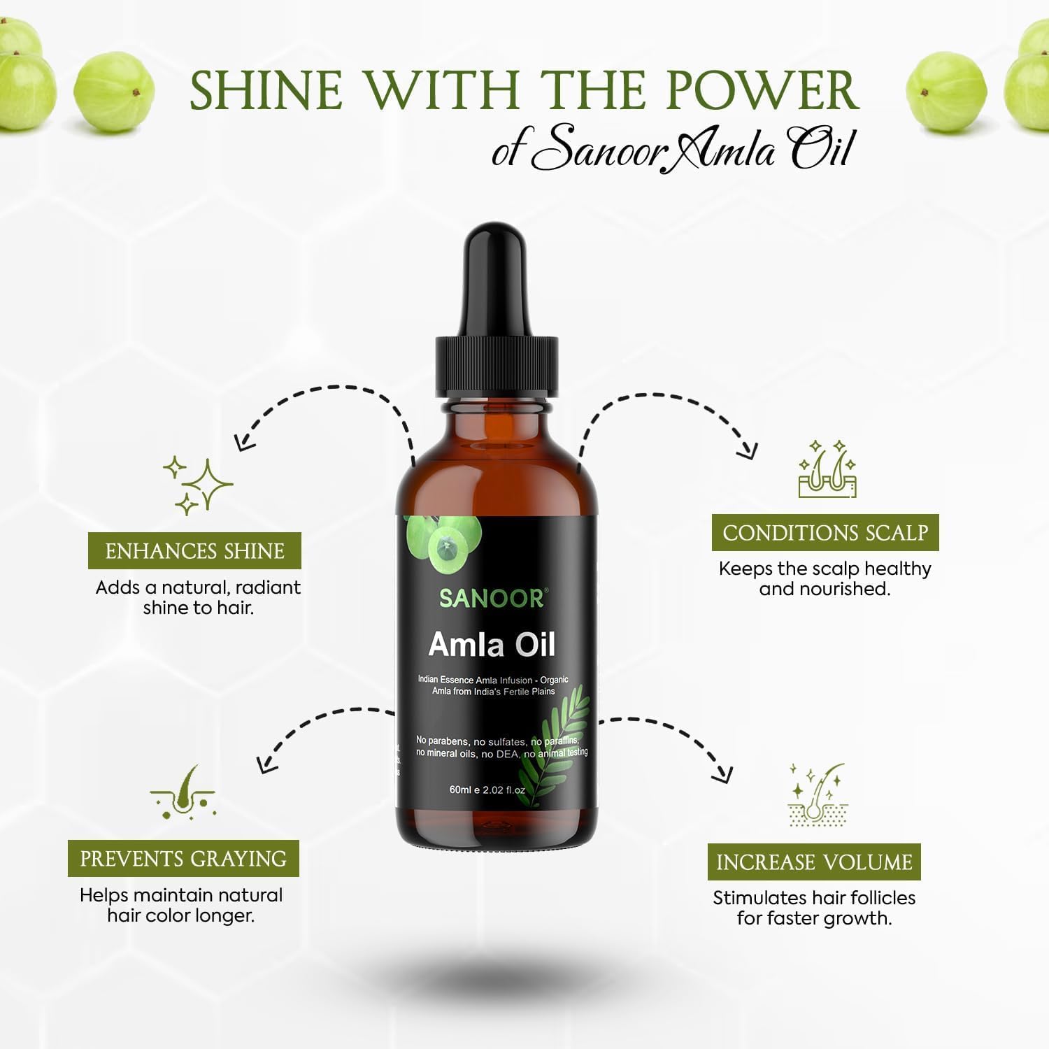 SANOOR Indian Essence Amla Oil | 100% Pure (2.02oz)| Infused with Nutrients Pure Hair Butter | Cold-pressed | FDA APPROVED | 60ml