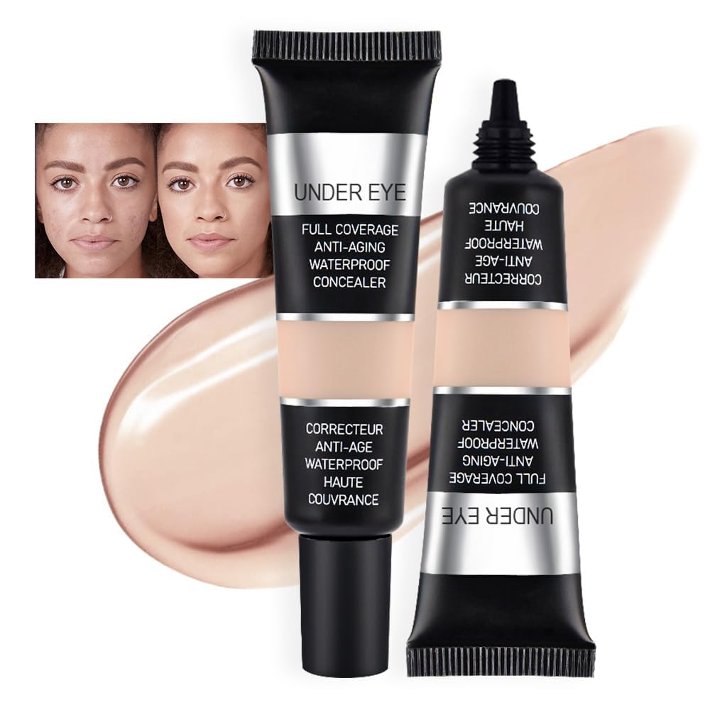 Azonee under Eye Concealer Full Coverage, Perfect Under Eye Concealer, Waterproof Concealer for Dark Circles, Puffiness, Cream Foundation Eye Brightener, Anti Aging, Natural Matte Finish, Redness- 2 Pcs