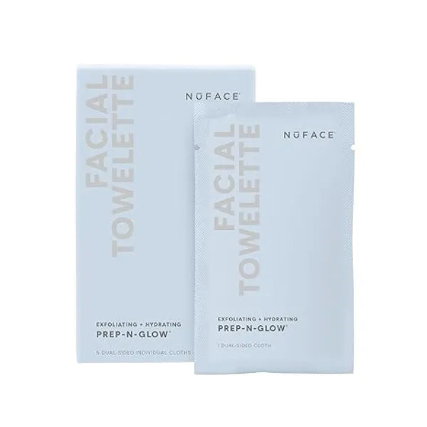 NuFACE Prep-N Glow Facial Towelettes  2-in-1 Exfoliating + Cleansing Makeup Remover Wipes, Hyaluronic Acid Travel Face Wipes to Hydrate & Brighten for Glowing Skin 5 Individually Wrapped Cloths
