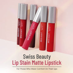 Swiss Beauty Stain Matte Lipstick | Long Lasting, Hydrating & Lightweight Lipstick | Red Wine, 3.4gm|