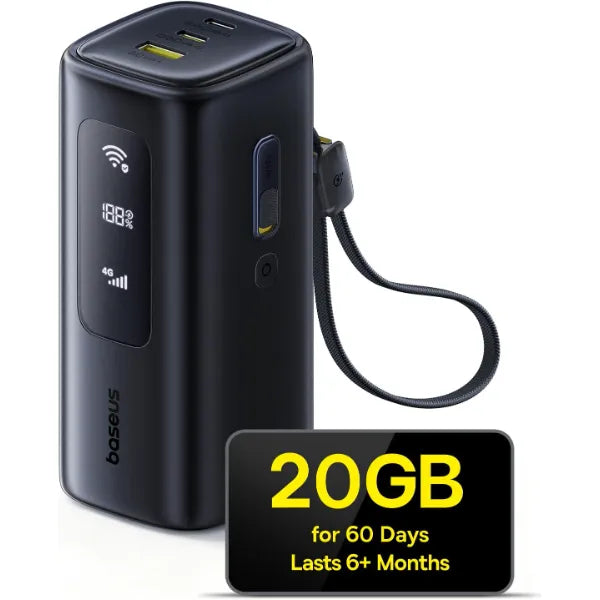 Baseus 4G LTE Mobile Hotspot & 20000mAh 67W Power Bank – 2-in-1 Portable WiFi Router, Global Coverage, No SIM/Contract, Connect 10 Devices, Includes 20GB Data
