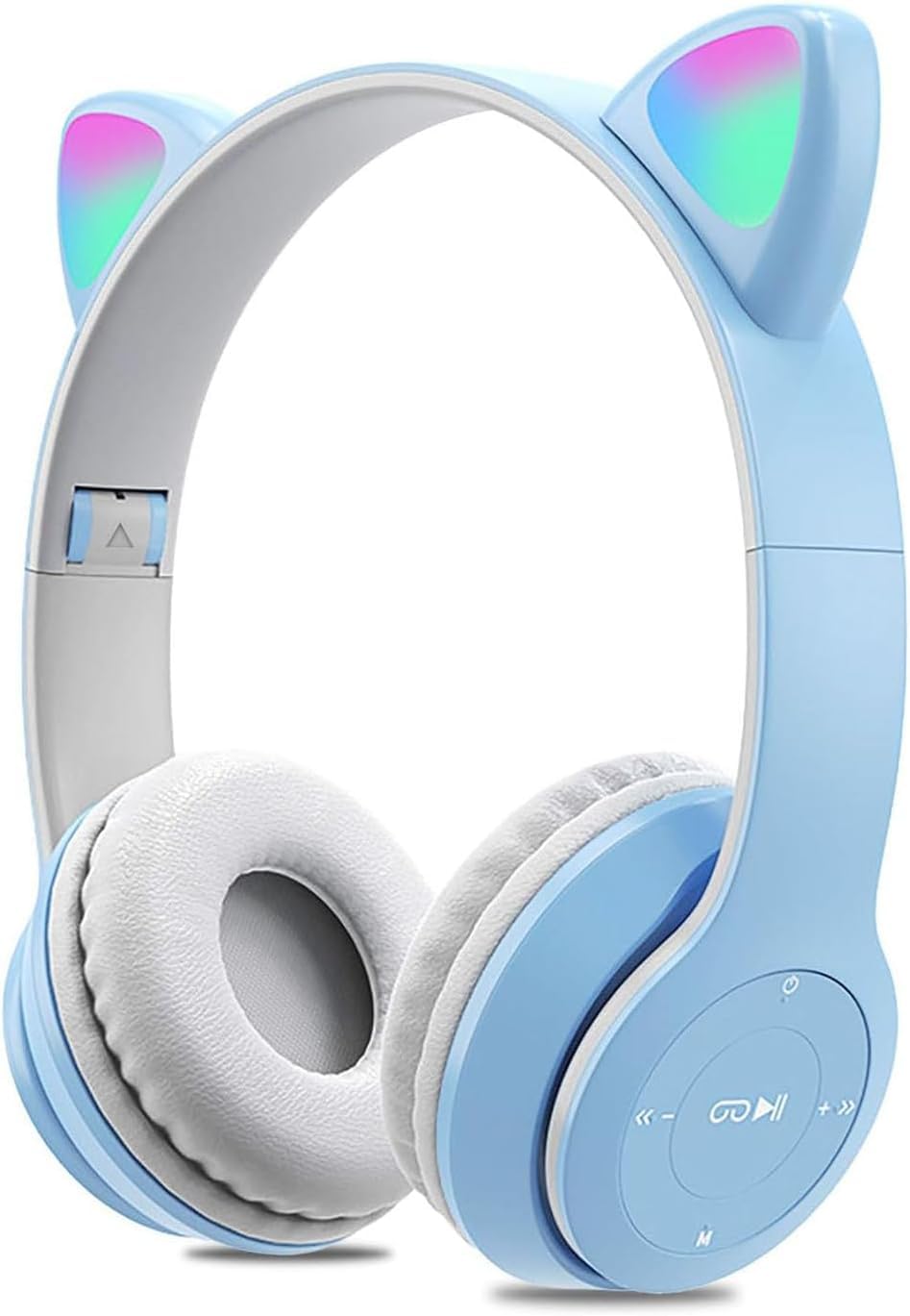 Aputue Cat Ear Kids Headphones, Wireless Bluetooth 5.0 LED Light Up headphones, Foldable Over-Ear Comfortable Design for Children, Toddler Safe Volume Limited headphones for Travel & School - Blue