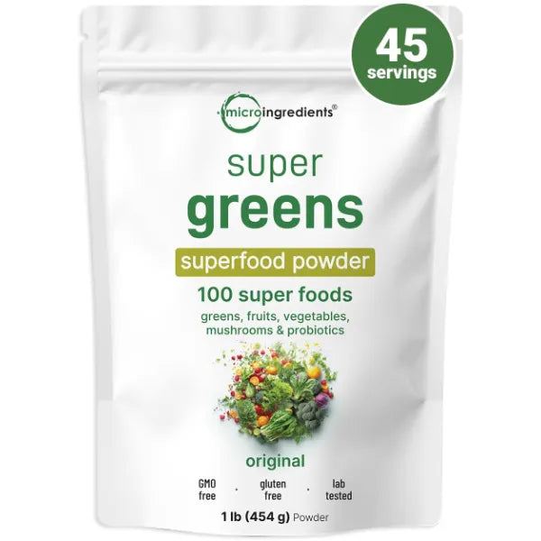 Micro Ingredients Super Greens Powder, 100 Superfoods, Green Drink Mix, 1lb | Superfood Blend with Daily Greens, Probiotics, Fruits, Vegetables & Mushrooms | 45 Servings | Non-GMO, Gluten-Free