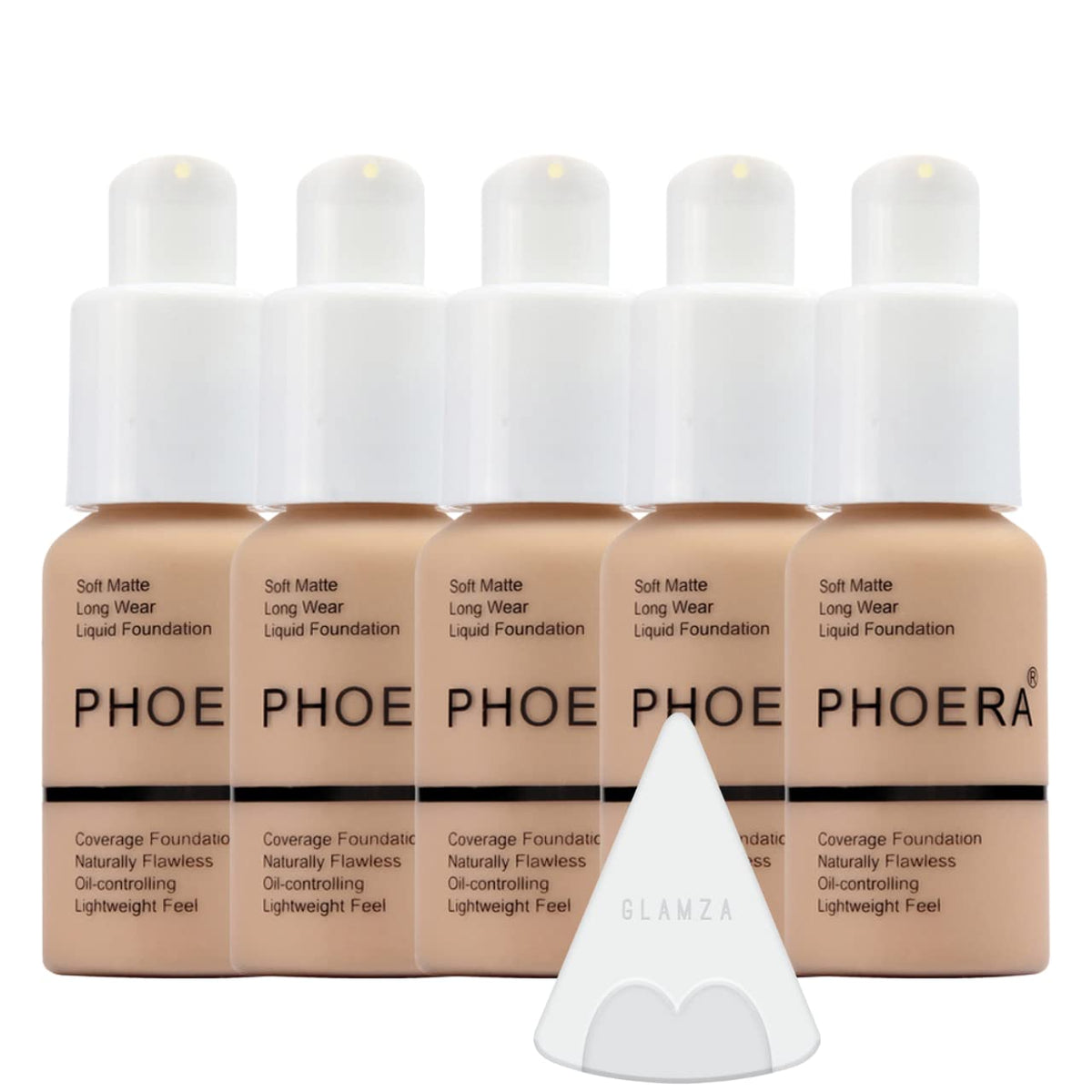 Glamza Phoera Foundation Full Coverage Makeup Set - 24hr Long Lasting Oil Control - Soft Smooth Matte Flawless Concealer Cream - Inc x5 30ml Foundation & Silicone Blender Sponge (104 Buff Beige)