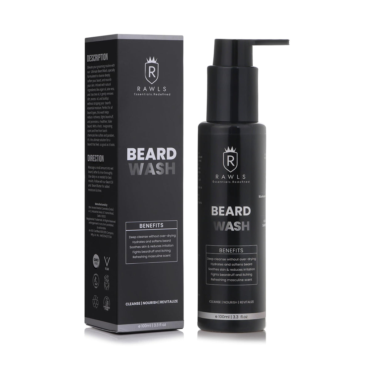 RAWLS Beard Wash for Men, Organic Tea Tree, Aloe Vera & Rosehip Oil Hydrating, Anti-Dandruff Shampoo for Sensitive Skin, Soft Beard & Healthy Growth - 100ml