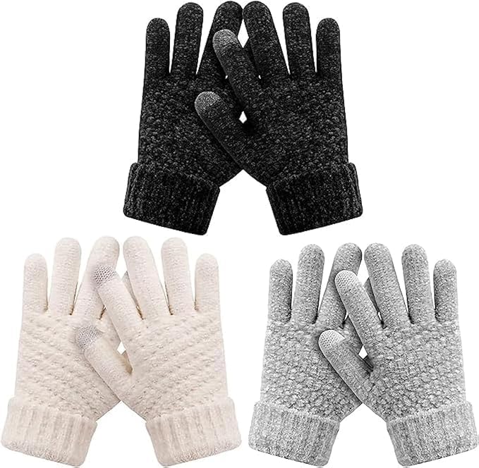 ChicAbode Kids Winter Gloves 3 Pairs, Knit Gloves Cold Weather, Children Warm Touchscreen Gloves, Toddler Gloves Teen Girls Boys
