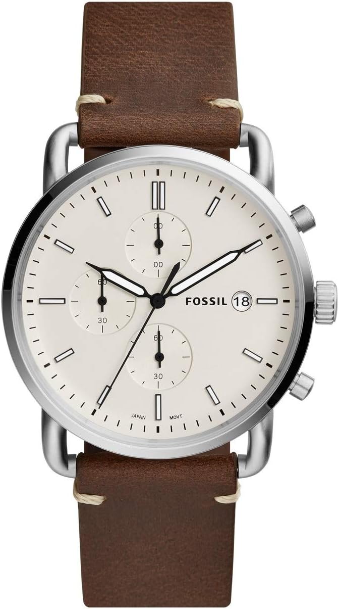 Fossil Mens Quartz Watch, Analog Display and Leather Strap - Brown/White