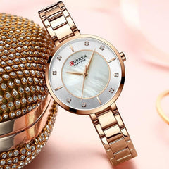 CURREN Ladies Analog Watch Rose Gold Stainless Steel Case White & Silver Dial Rose Gold Stainless Steel Bracelet