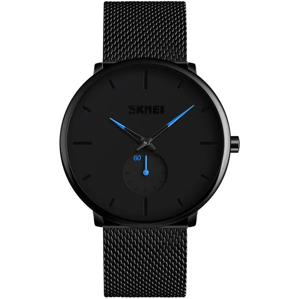 SKMEI Quartz Men Watches Waterproof Black Metal Mesh Band (Blue)