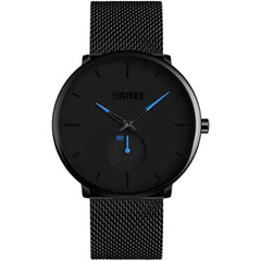 SKMEI Quartz Men Watches Waterproof Black Metal Mesh Band (Blue)