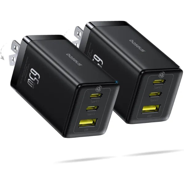 Baseus 65W USB-C Charger (2-Pack), 3-Port PPS Fast Charging Compact Foldable Wall Adapter for MacBook, iPad Pro, Galaxy S24, iPhone 17/16 & More