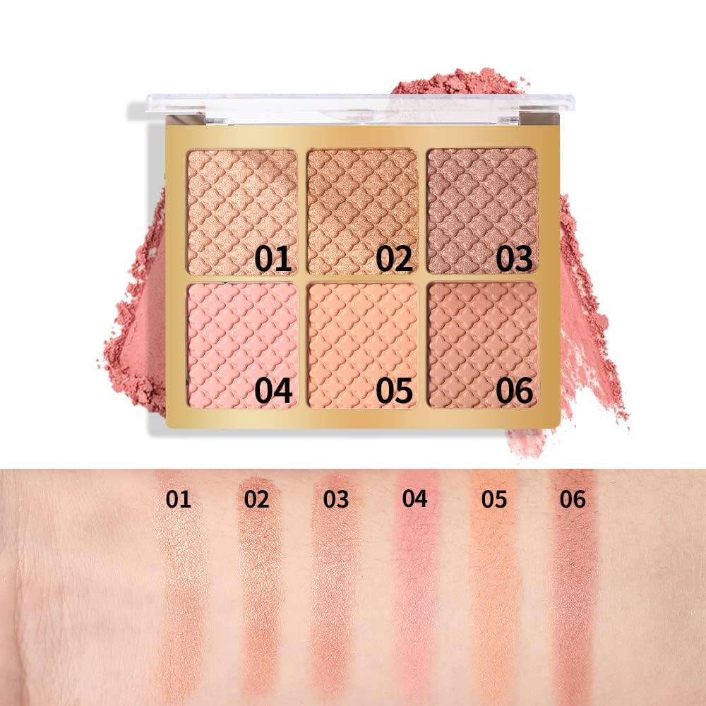 Azonee 6 Colors Facial Blush Palette, 1 Piece Multi Purpose Blusher Facial Highlighter Contour Makeup Palette, Matte Shimmer Pearly Blusher Palette