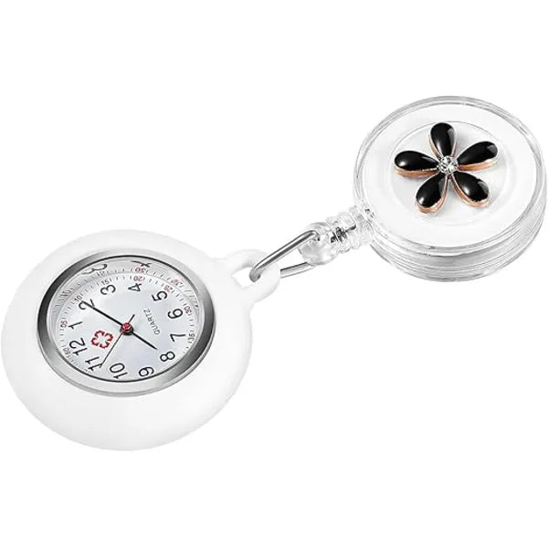 Retractable Nurse Watches Clip-on Hanging Fob Portable Pocket Watch with Cute Flower Pattern Lapel Watches for Nurses Doctors with Silicone Cover