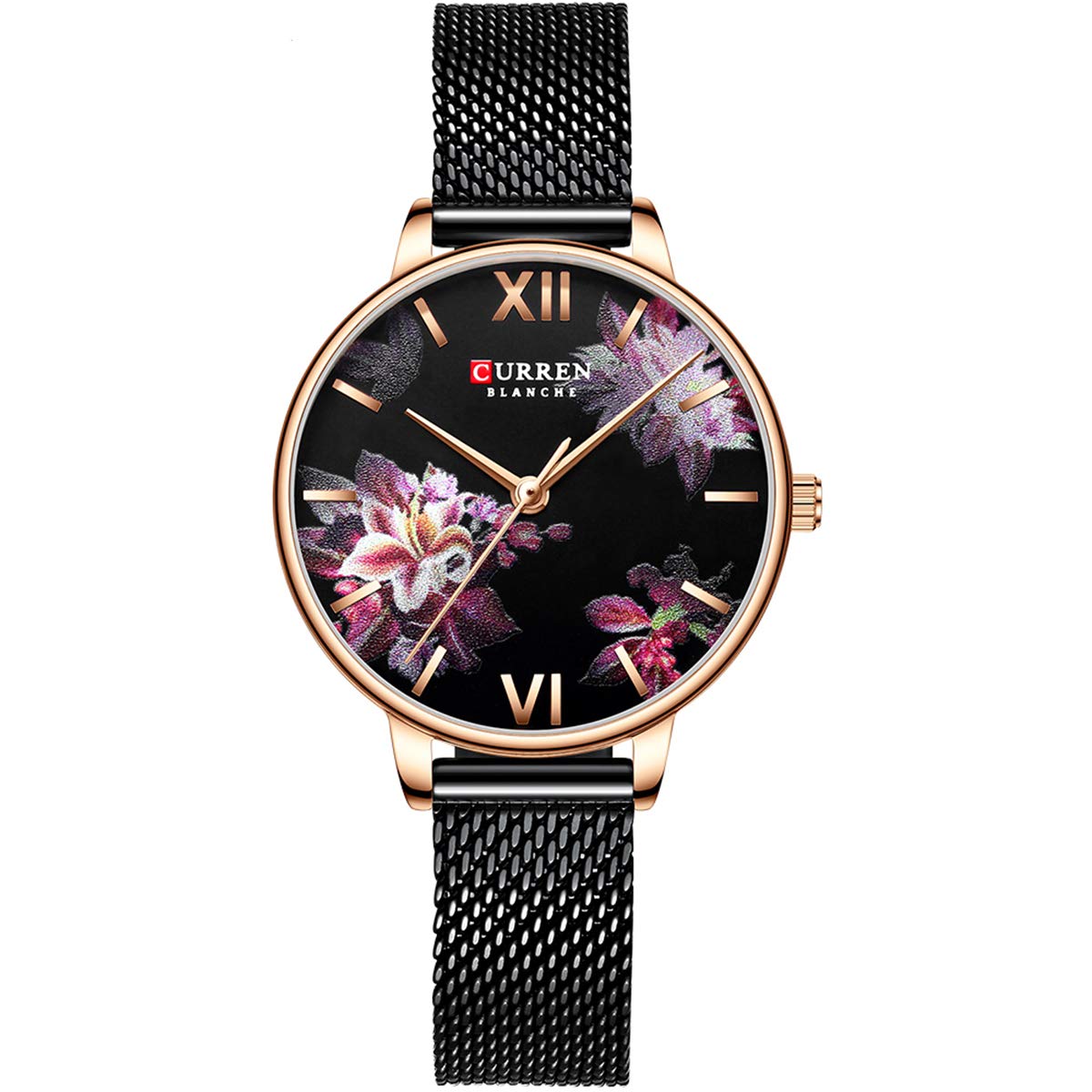 CURREN 9060 Flower Dial 3ATM Waterproof Stainless Steel Mesh Strap Quartz Watch for Women - Black