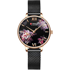 CURREN 9060 Flower Dial 3ATM Waterproof Stainless Steel Mesh Strap Quartz Watch for Women - Black