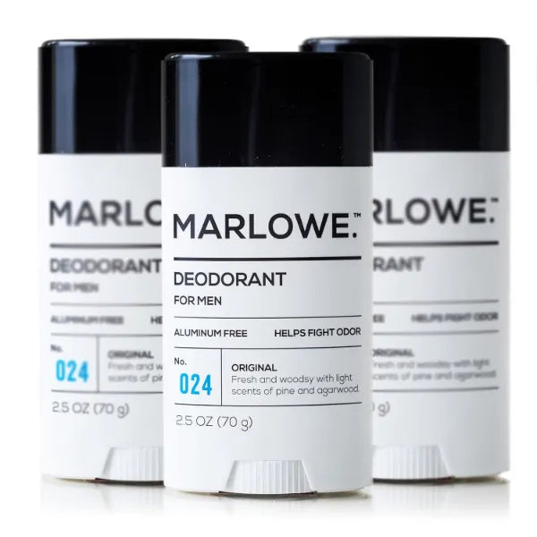 MARLOWE. No. 024 Natural Deodorant for Men 3-Pack | Aluminum Free Stick | Made with Coconut Oil, Shea Butter, Jojoba | Only No-Nonsense Ingredients that Work Best | Sage & Fir Scent