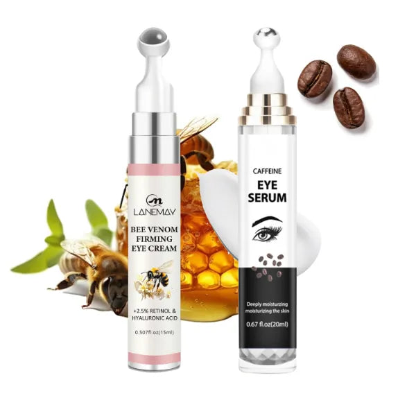Grospe 2-in-1 Eye care Set - Caffeine & Retinol Eye Cream + Bee Venom & Hyaluronic Acid Eye Serum, 360°Roller for Dark Circles, Puffiness & Fine Lines, Day & Night