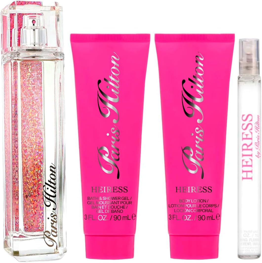 Paris Hilton Heiress for Women - 4 Pc Gift Set 3.4oz EDP Spray, 0.34oz EDP Roll-On, 3oz Body Lotion, 3oz Bath and Shower Gel